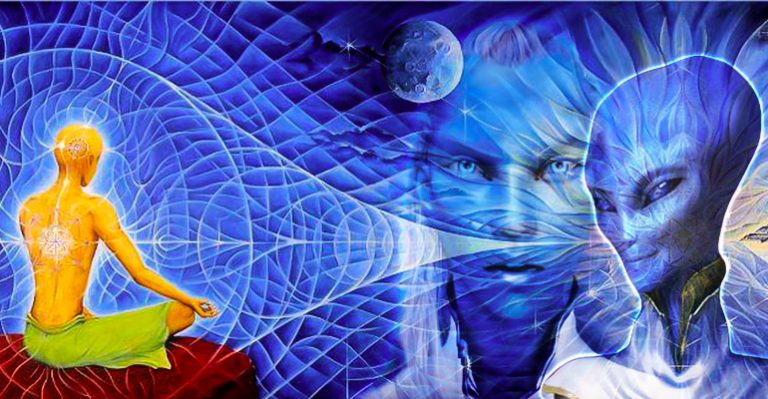 Meditating figure with glowing energy connecting with blue ethereal beings - Star Magic Healing