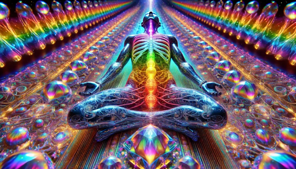 Abstract figure in a meditative pose with vibrant colors - Star Magic Healing