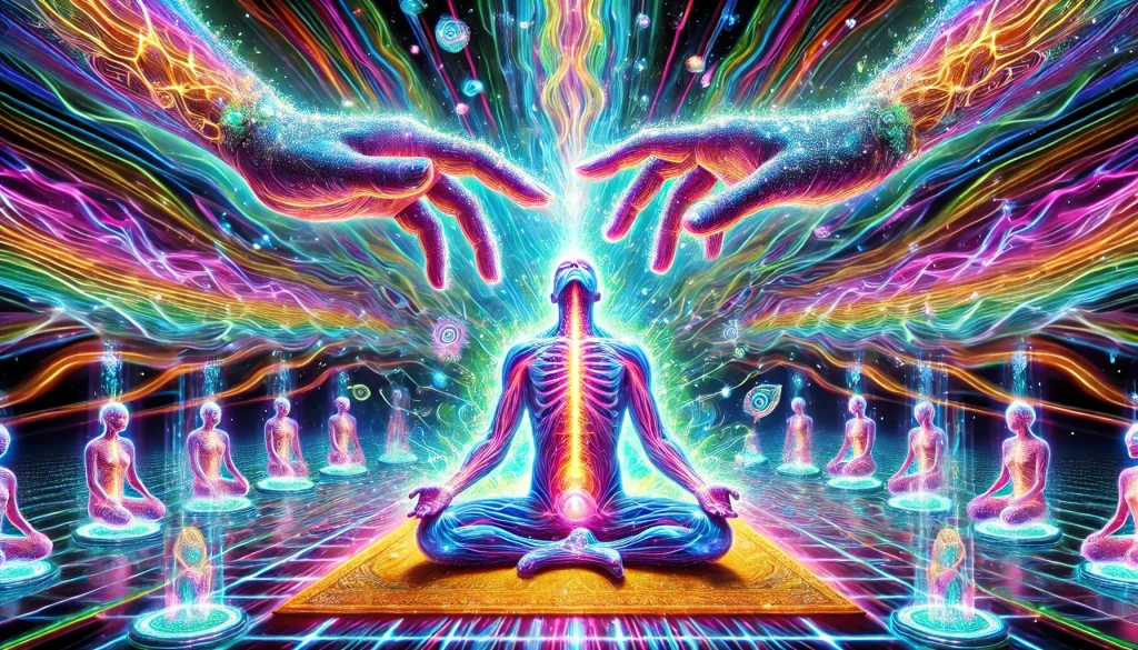 Meditating figure with hands radiating energy - Star Magic Healing