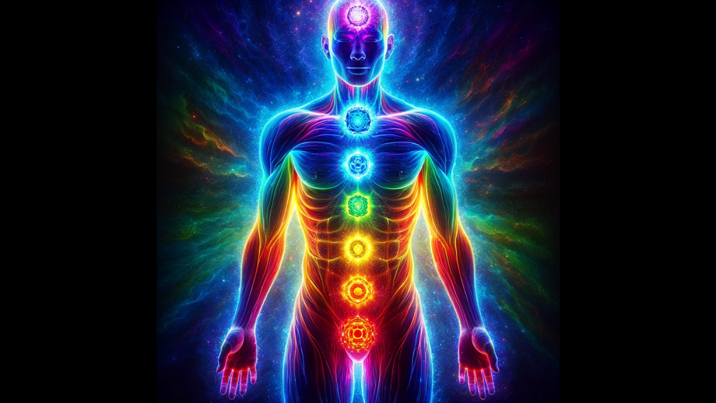 Glowing figure with chakra points - Star Magic Healing